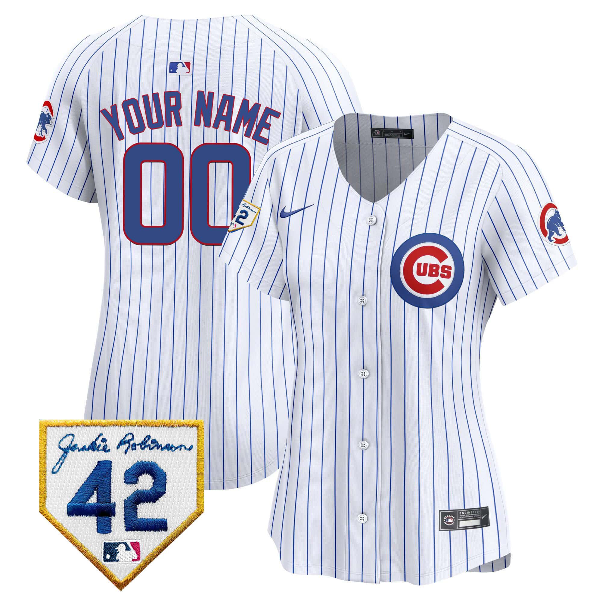 Women Chicago Cubs White Stripe Nike 2024 Jackie Robinson Patch Vapor Premier Limited Custom MLB Jersey->customized mlb jersey->Custom Jersey